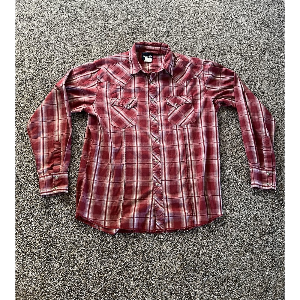Men's Wrangler Red Plaid Pearl Snap Long Sleeve Shirt Size XL